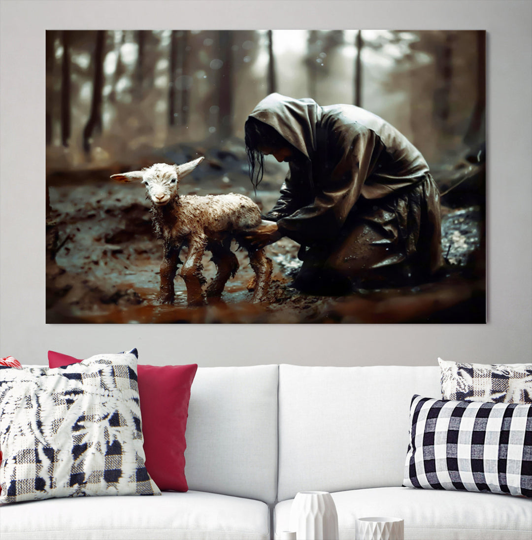 Jesus Lost Lamb Christian Religion Wall Art Canvas Print, Jesus Wall Art Print