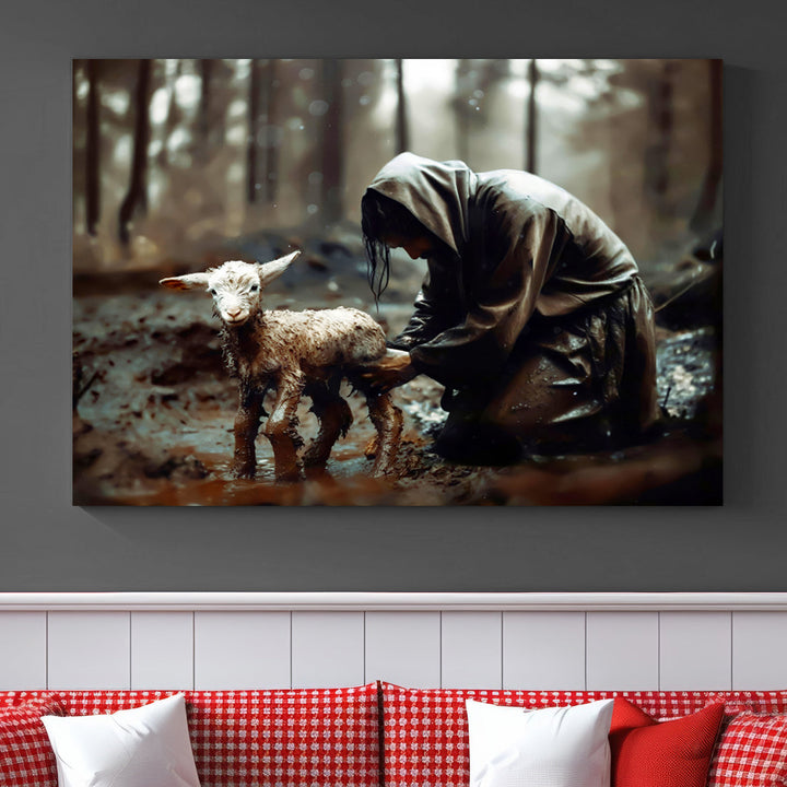 Jesus Lost Lamb Christian Religion Wall Art Canvas Print, Jesus Wall Art Print