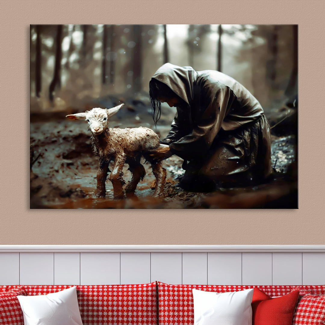 Jesus Lost Lamb Christian Religion Wall Art Canvas Print, Jesus Wall Art Print