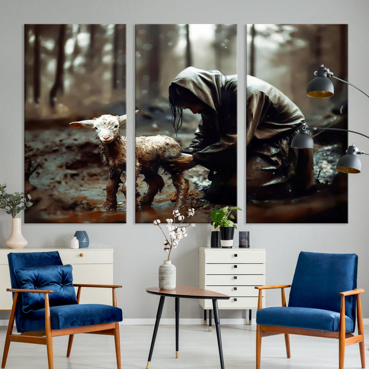 Jesus Lost Lamb Christian Religion Wall Art Canvas Print, Jesus Wall Art Print