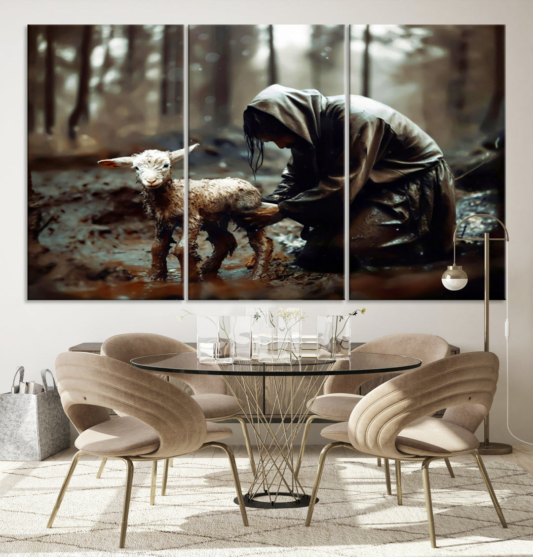 Jesus Lost Lamb Christian Religion Wall Art Canvas Print, Jesus Wall Art Print