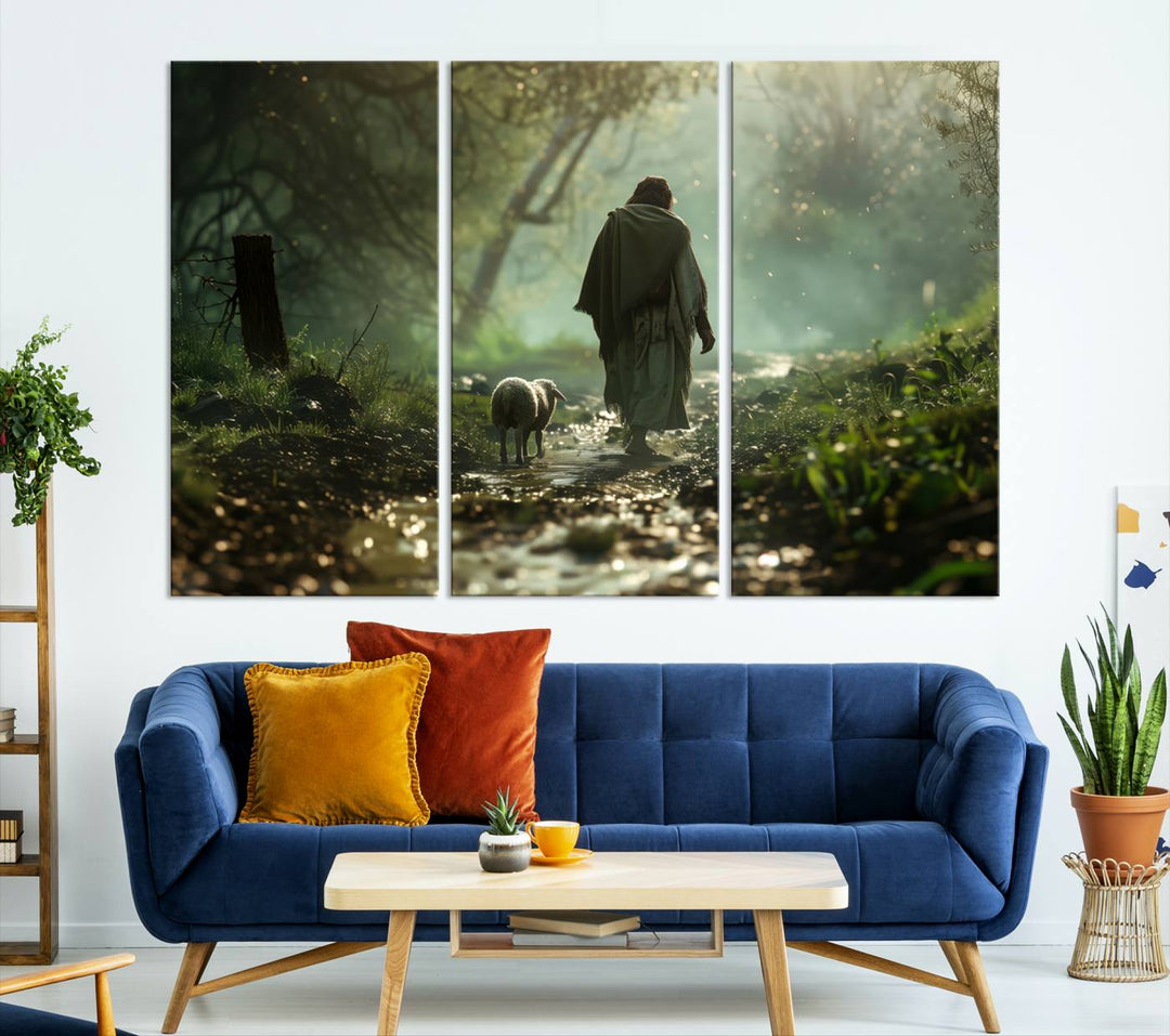 Jesus shepherd lamb, Jesus Lamb of God, Jesus and Lamb No Words, Loss Sheep with Jesus Wall Art Canvas Print