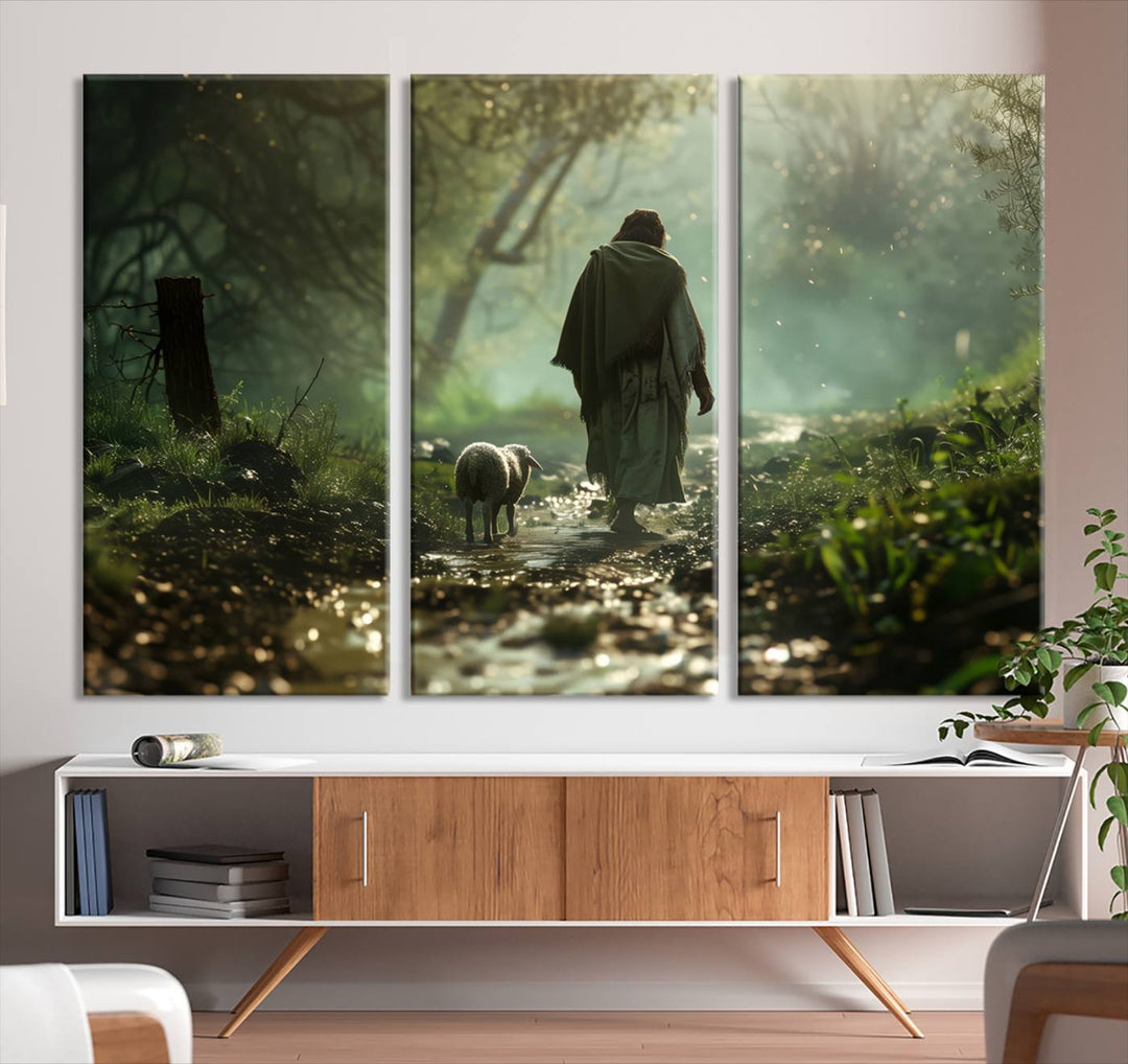 Jesus shepherd lamb, Jesus Lamb of God, Jesus and Lamb No Words, Loss Sheep with Jesus Wall Art Canvas Print