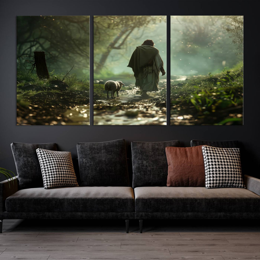 Jesus shepherd lamb, Jesus Lamb of God, Jesus and Lamb No Words, Loss Sheep with Jesus Wall Art Canvas Print