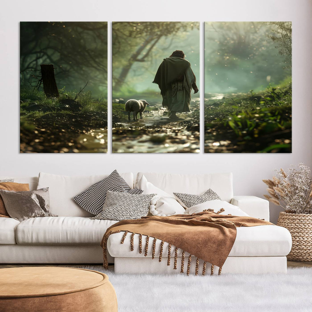 Jesus shepherd lamb, Jesus Lamb of God, Jesus and Lamb No Words, Loss Sheep with Jesus Wall Art Canvas Print