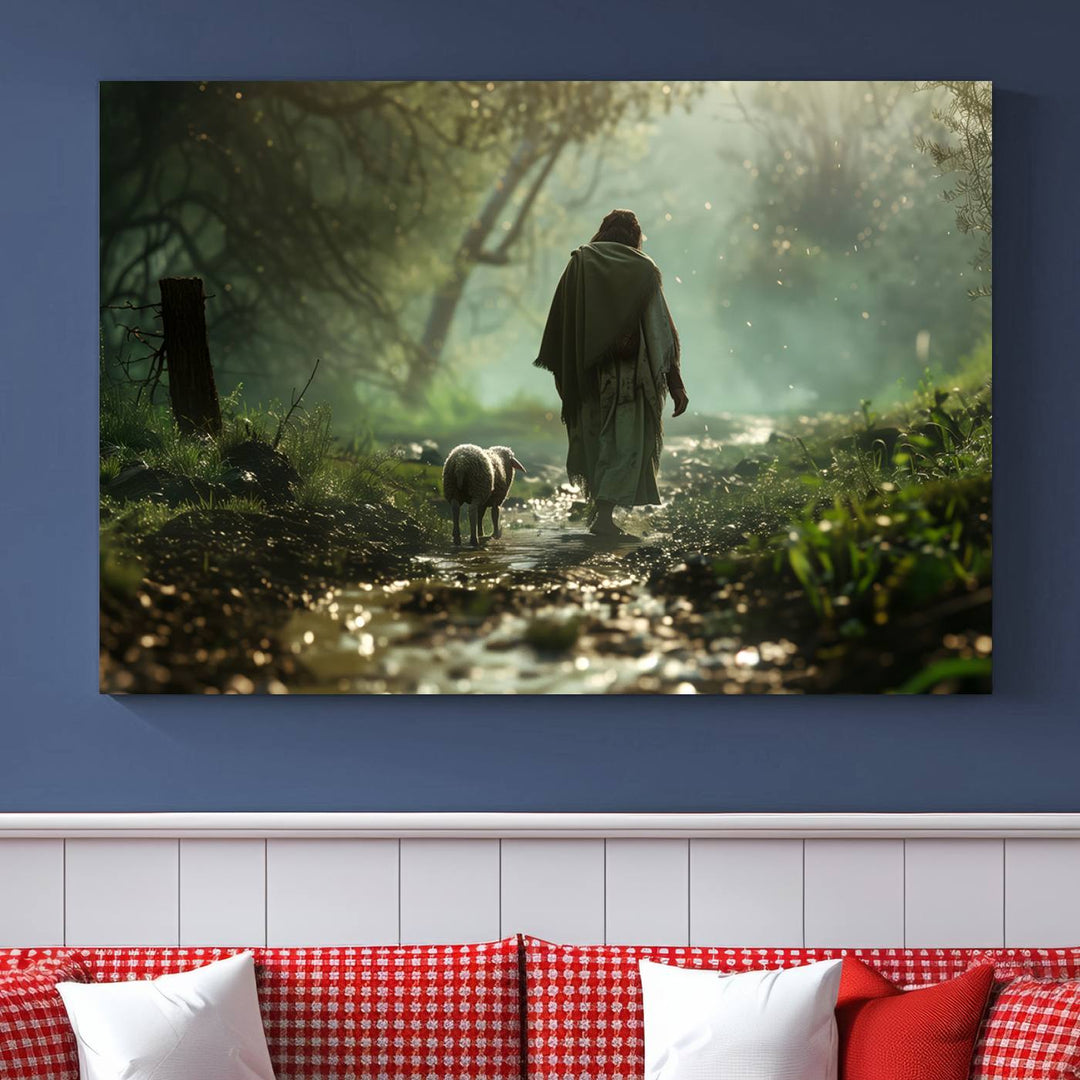 Jesus shepherd lamb, Jesus Lamb of God, Jesus and Lamb No Words, Loss Sheep with Jesus Wall Art Canvas Print