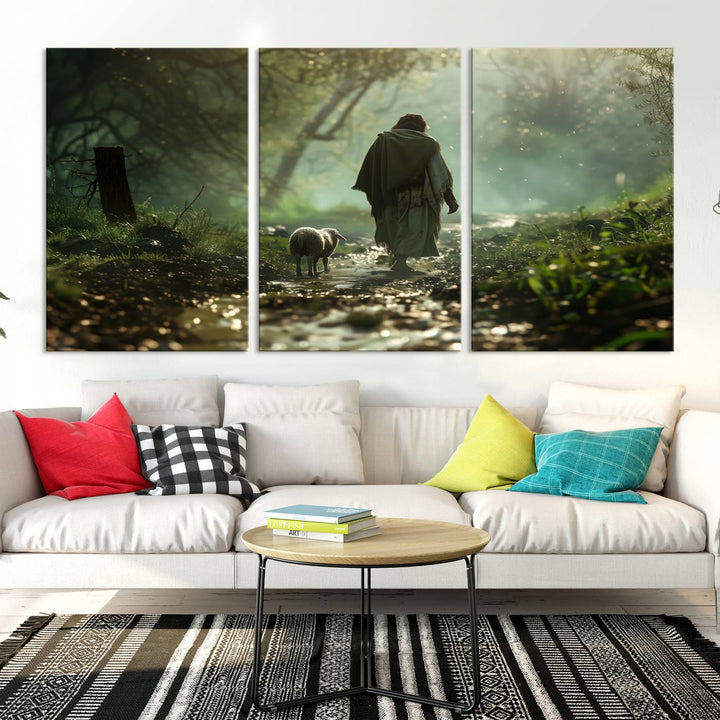 Jesus shepherd lamb, Jesus Lamb of God, Jesus and Lamb No Words, Loss Sheep with Jesus Wall Art Canvas Print