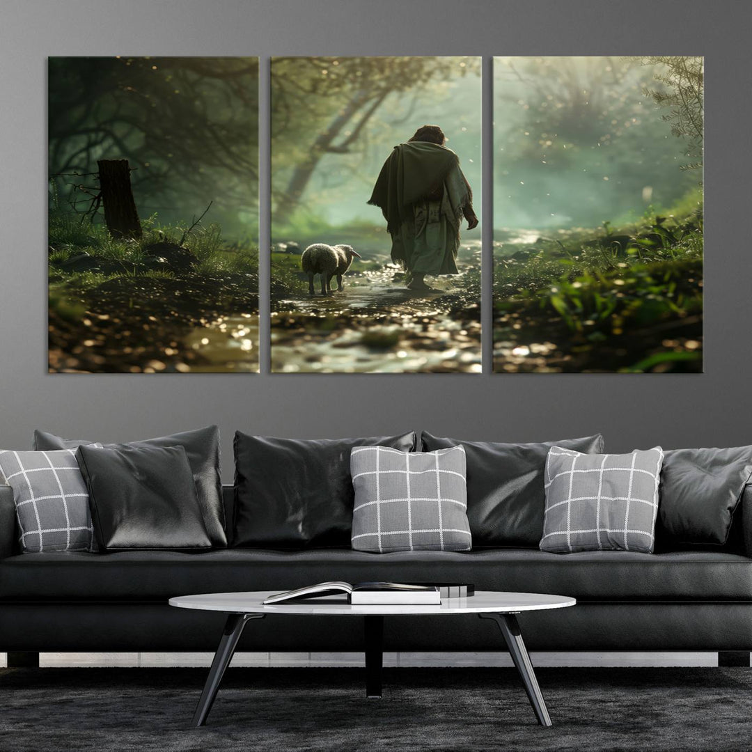 Jesus shepherd lamb, Jesus Lamb of God, Jesus and Lamb No Words, Loss Sheep with Jesus Wall Art Canvas Print