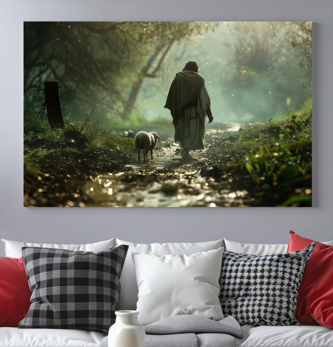 Jesus shepherd lamb, Jesus Lamb of God, Jesus and Lamb No Words, Loss Sheep with Jesus Wall Art Canvas Print