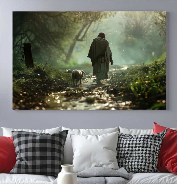 Jesus shepherd lamb, Jesus Lamb of God, Jesus and Lamb No Words, Loss Sheep with Jesus Wall Art Canvas Print