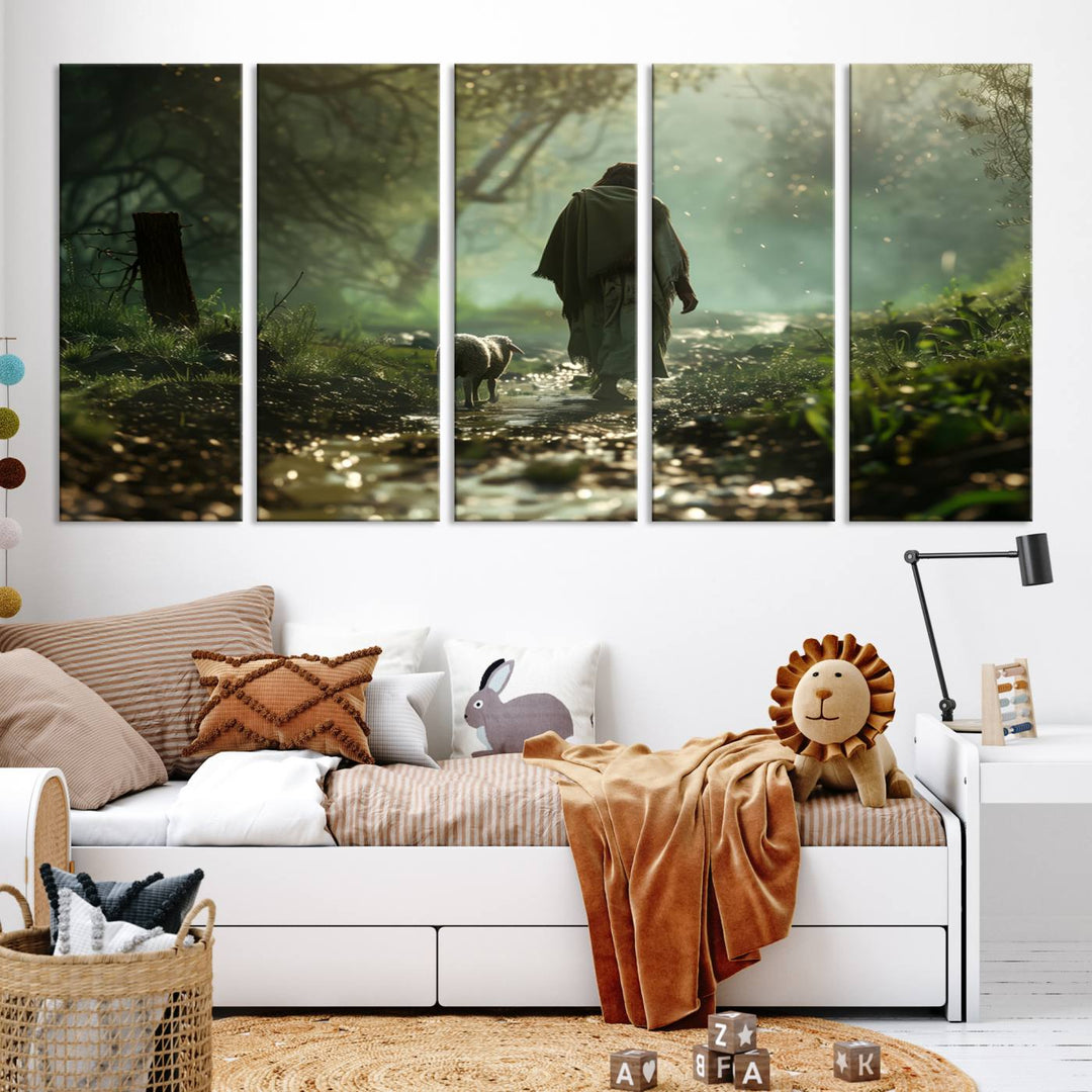 Jesus shepherd lamb, Jesus Lamb of God, Jesus and Lamb No Words, Loss Sheep with Jesus Wall Art Canvas Print