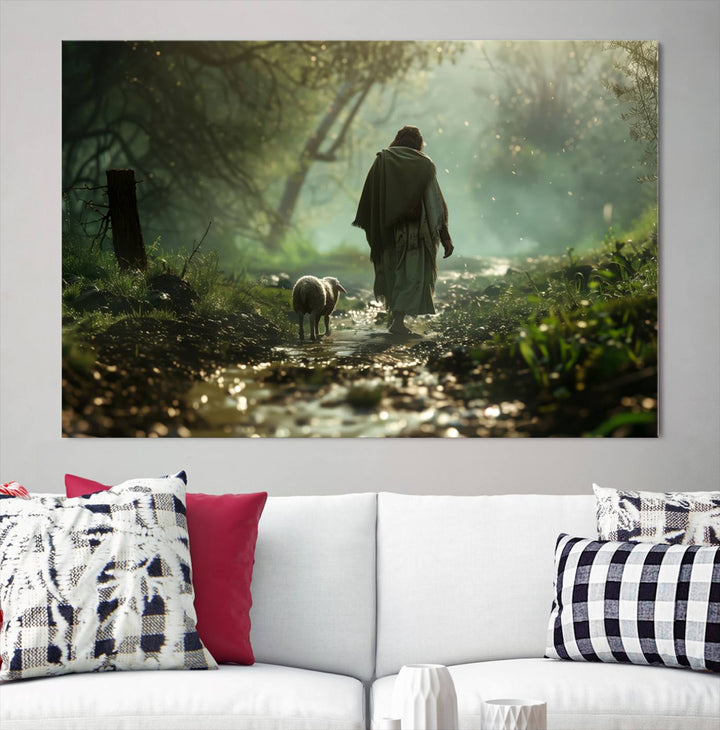 Jesus shepherd lamb, Jesus Lamb of God, Jesus and Lamb No Words, Loss Sheep with Jesus Wall Art Canvas Print