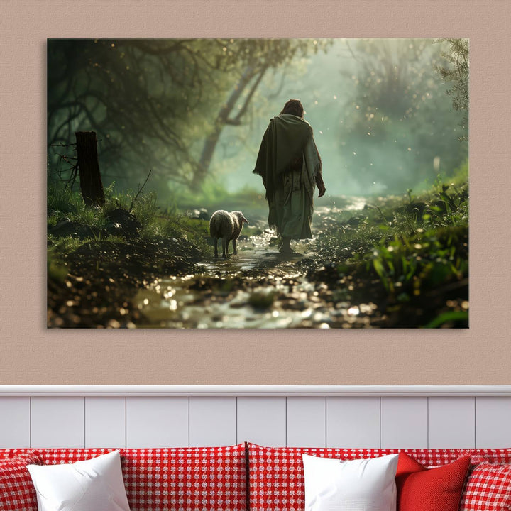 Jesus shepherd lamb, Jesus Lamb of God, Jesus and Lamb No Words, Loss Sheep with Jesus Wall Art Canvas Print