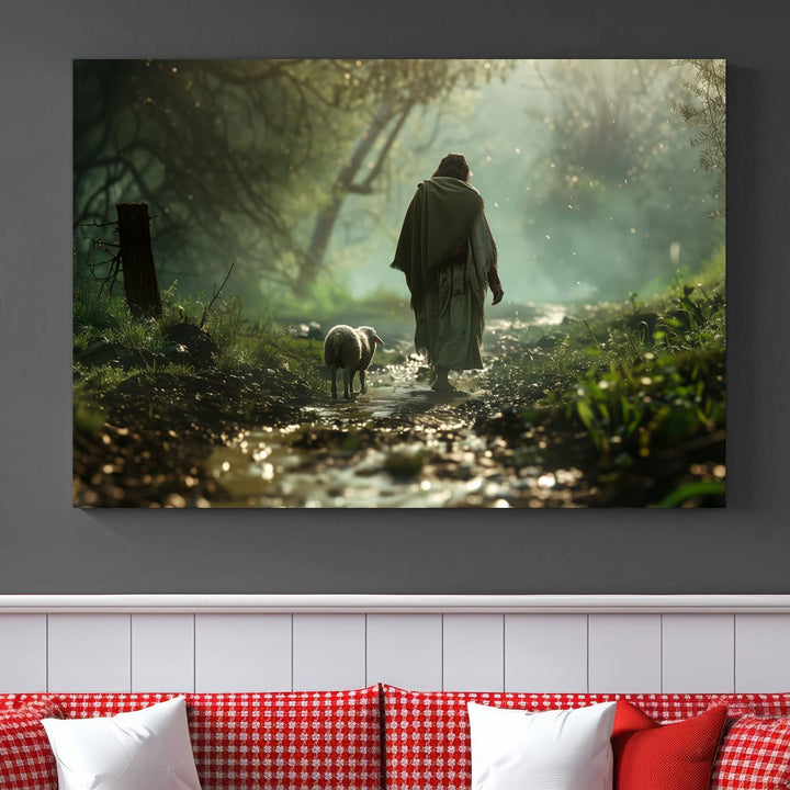 Jesus shepherd lamb, Jesus Lamb of God, Jesus and Lamb No Words, Loss Sheep with Jesus Wall Art Canvas Print