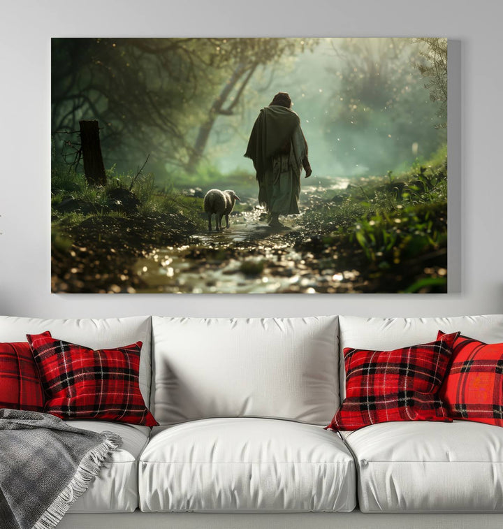 Jesus shepherd lamb, Jesus Lamb of God, Jesus and Lamb No Words, Loss Sheep with Jesus Wall Art Canvas Print