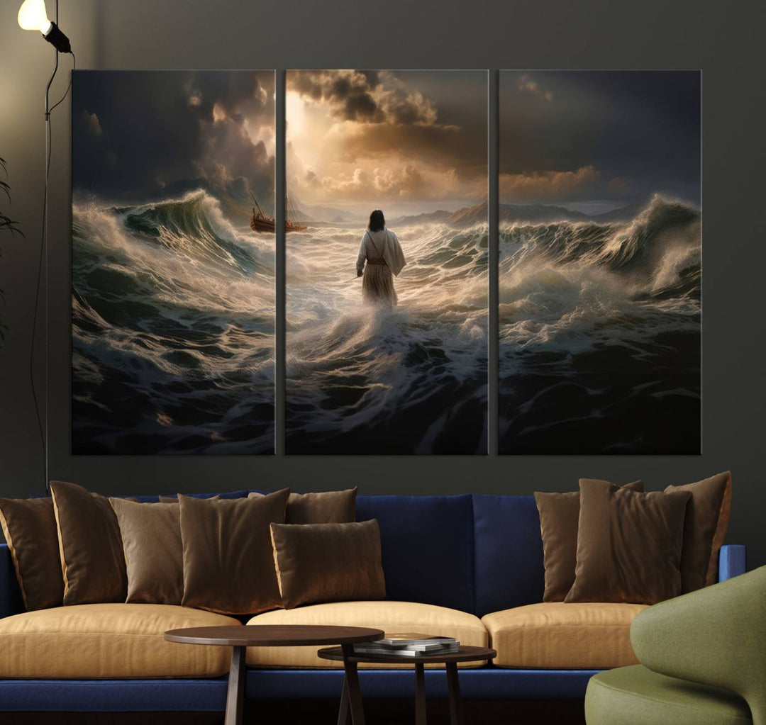 Jesus Walk in Sea Wall Art Canvas Print, Christian Wall Art Print,