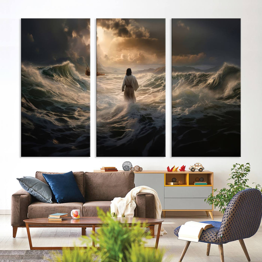 Jesus Walk in Sea Wall Art Canvas Print, Christian Wall Art Print,