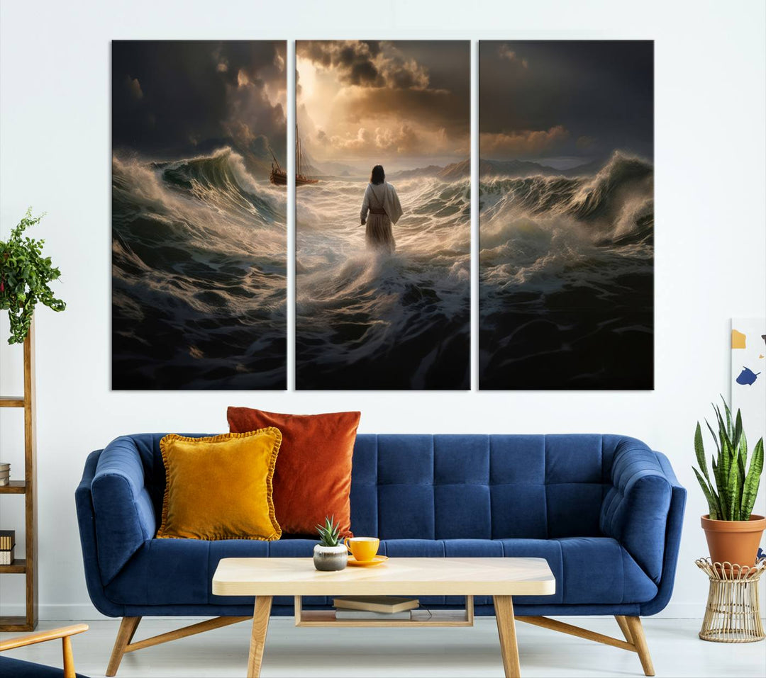 Jesus Walk in Sea Wall Art Canvas Print, Christian Wall Art Print,