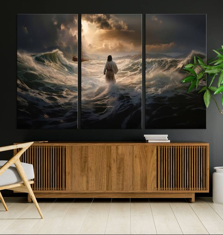 Jesus Walk in Sea Wall Art Canvas Print, Christian Wall Art Print,