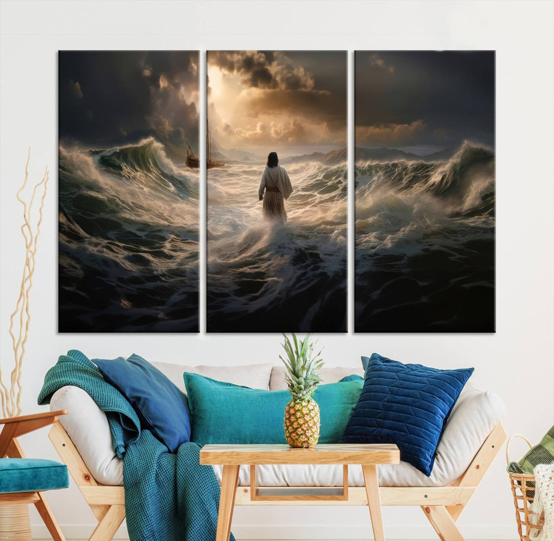 Jesus Walk in Sea Wall Art Canvas Print, Christian Wall Art Print,