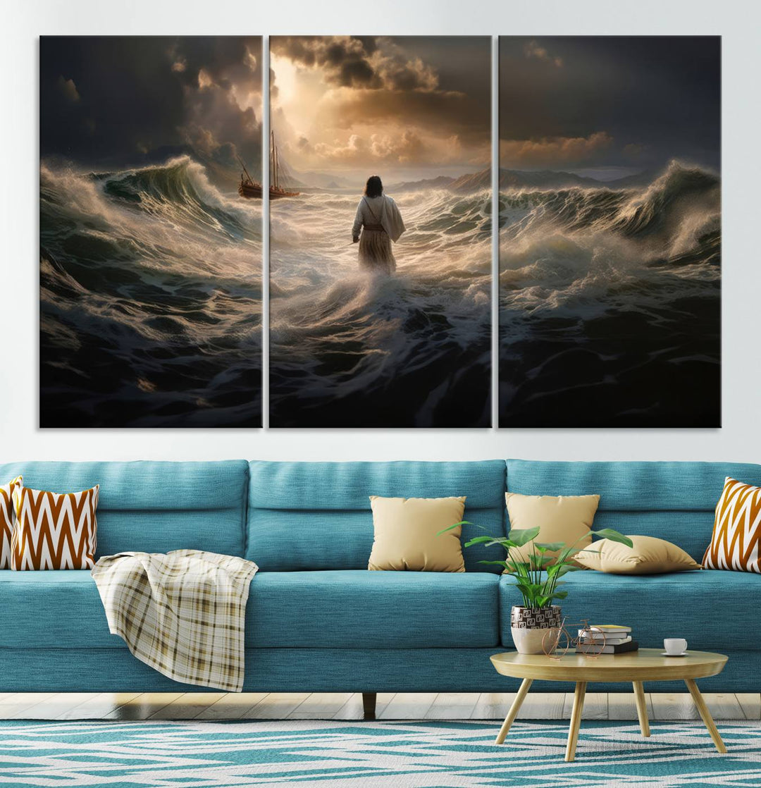 Jesus Walk in Sea Wall Art Canvas Print, Christian Wall Art Print,