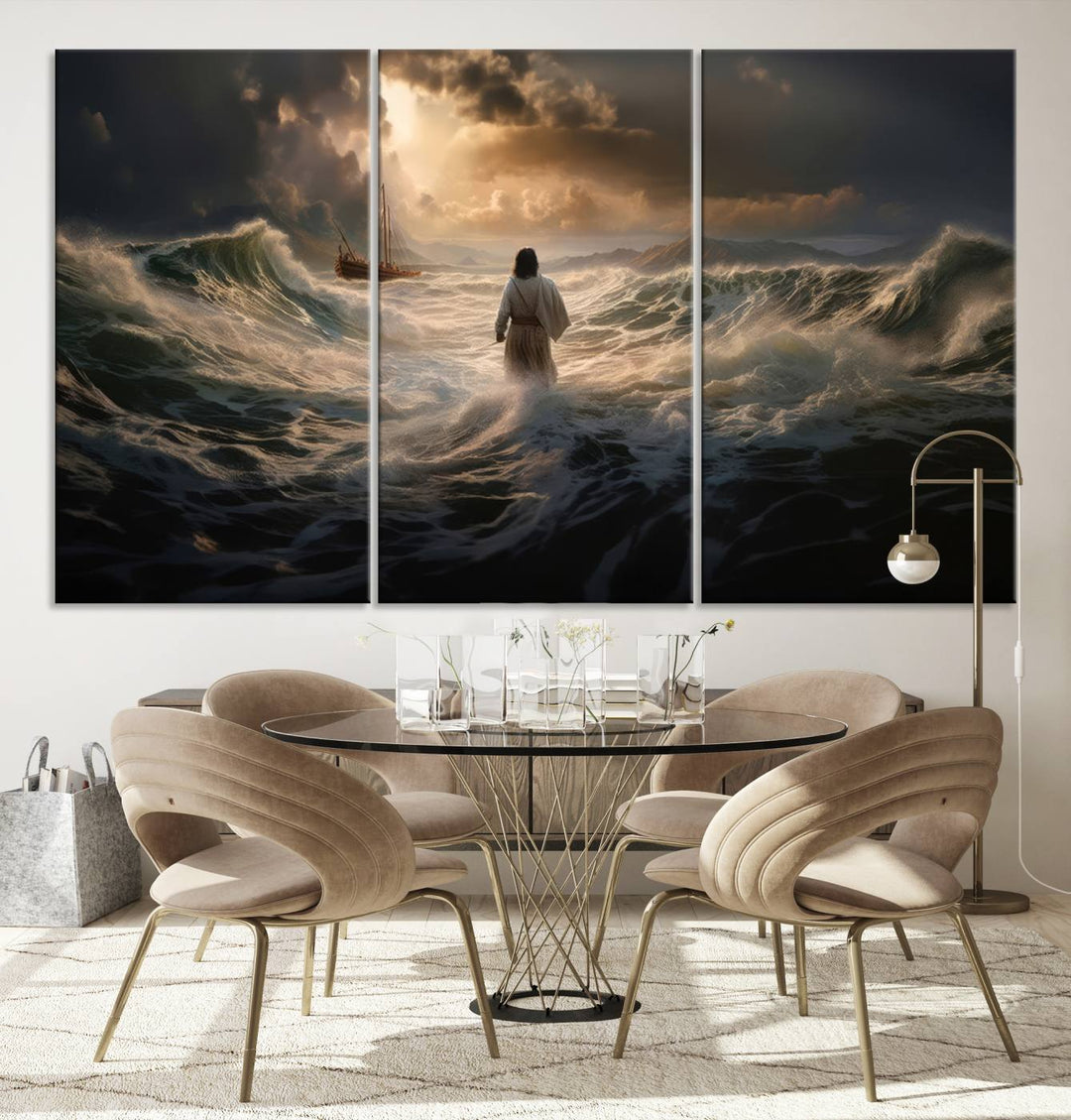 Jesus Walk in Sea Wall Art Canvas Print, Christian Wall Art Print,