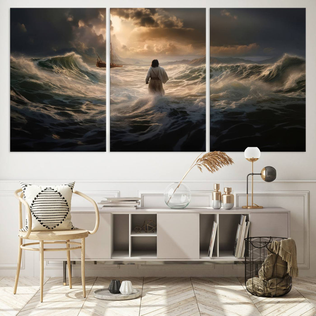 Jesus Walk in Sea Wall Art Canvas Print, Christian Wall Art Print,