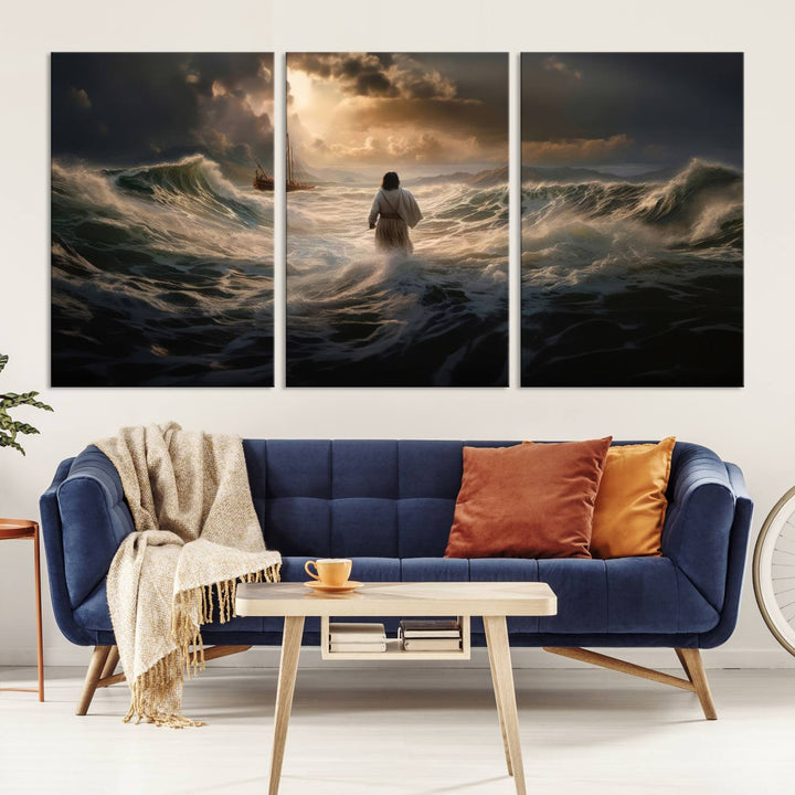 Jesus Walk in Sea Wall Art Canvas Print, Christian Wall Art Print,