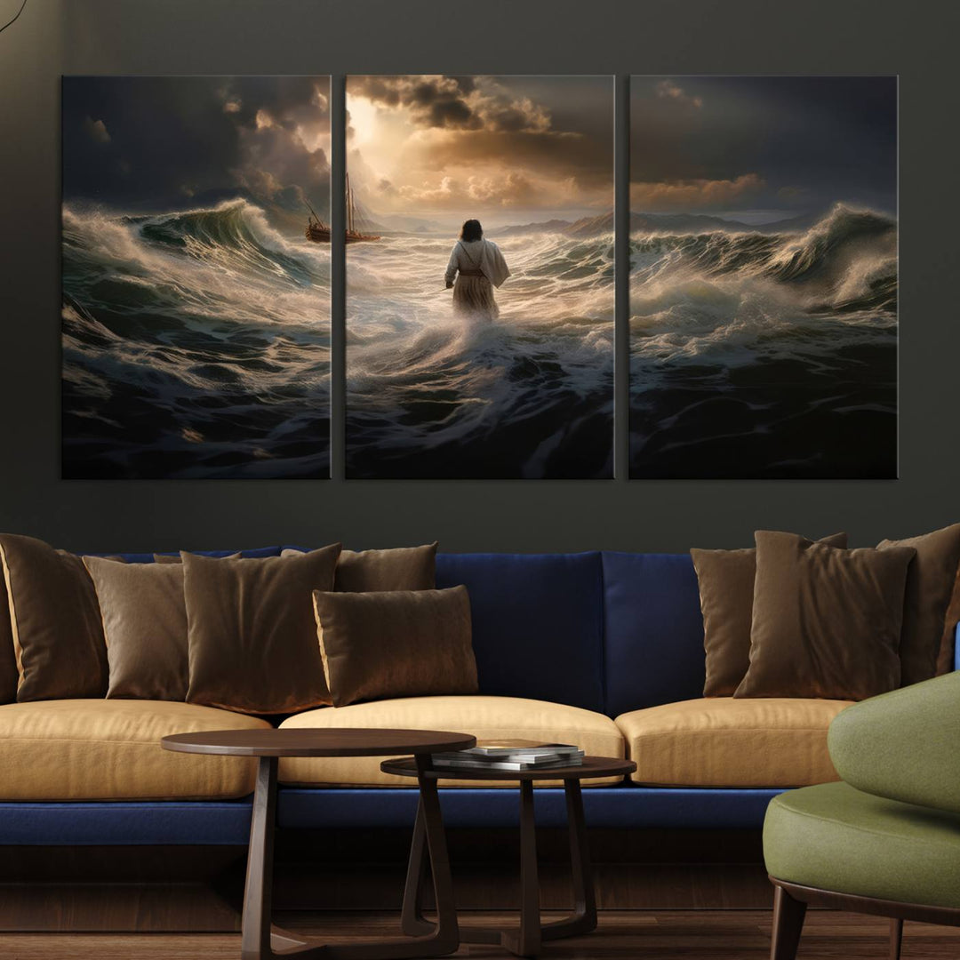 Jesus Walk in Sea Wall Art Canvas Print, Christian Wall Art Print,