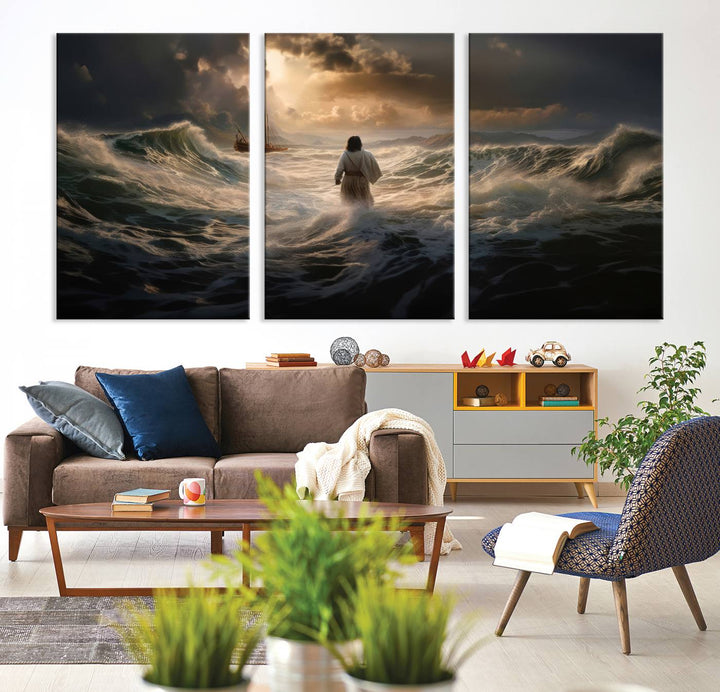 Jesus Walk in Sea Wall Art Canvas Print, Christian Wall Art Print,