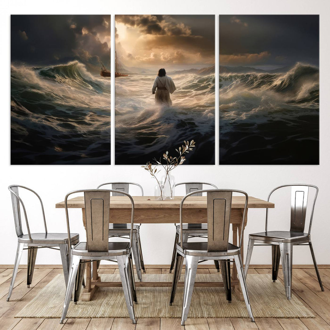 Jesus Walk in Sea Wall Art Canvas Print, Christian Wall Art Print,