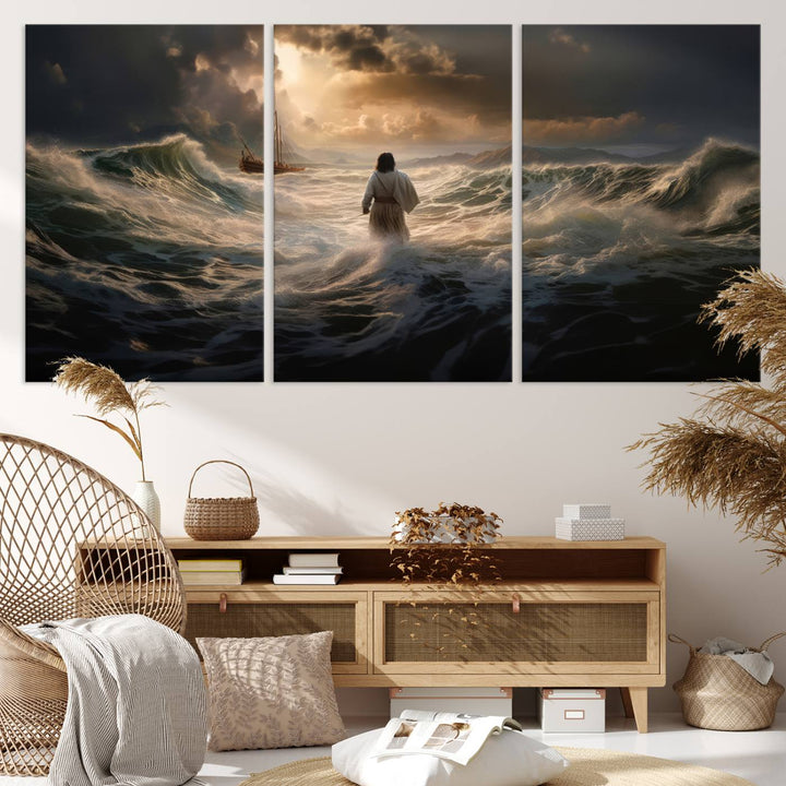 Jesus Walk in Sea Wall Art Canvas Print, Christian Wall Art Print,