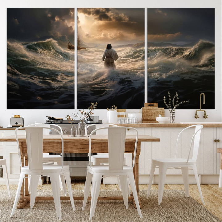 Jesus Walk in Sea Wall Art Canvas Print, Christian Wall Art Print,