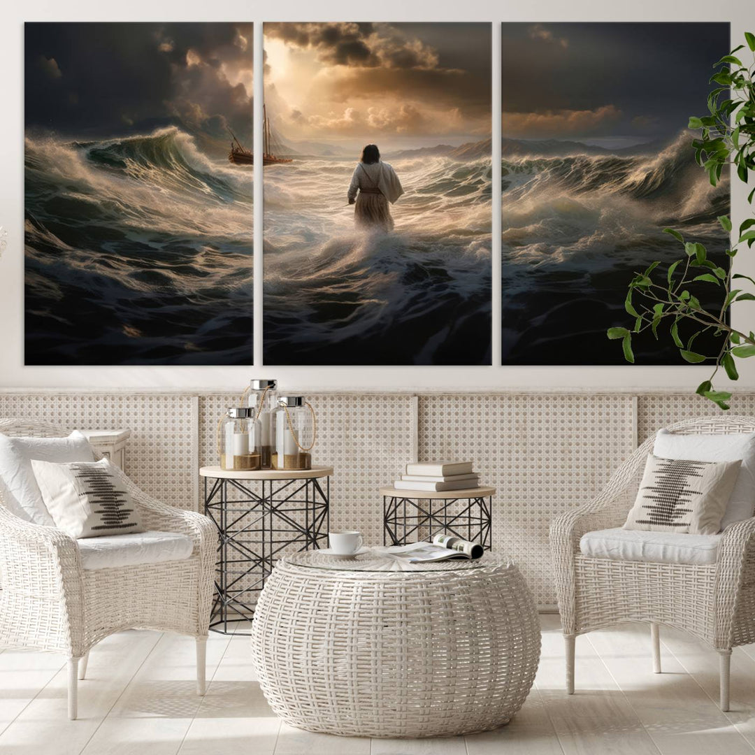 Jesus Walk in Sea Wall Art Canvas Print, Christian Wall Art Print,