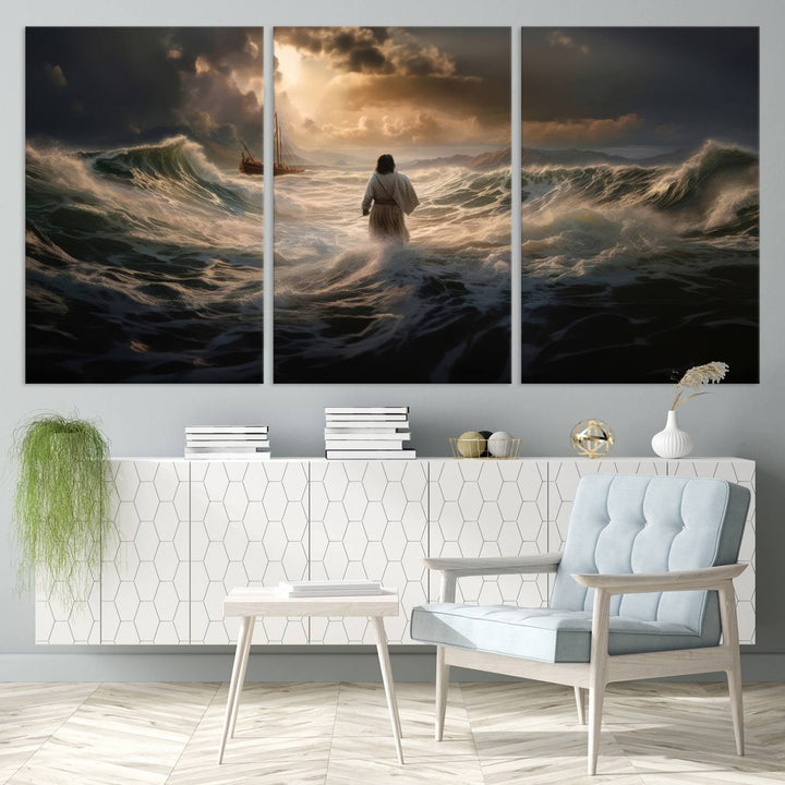 Jesus Walk in Sea Wall Art Canvas Print, Christian Wall Art Print,