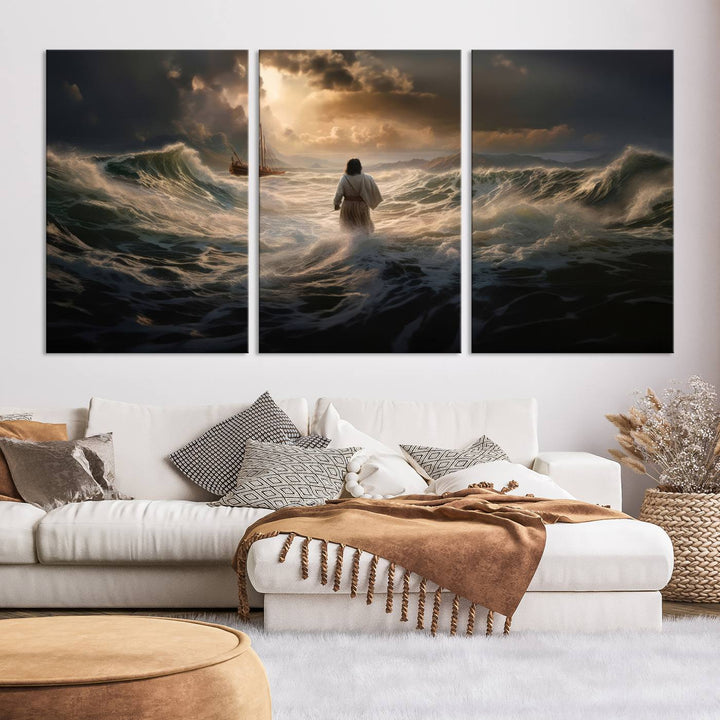 Jesus Walk in Sea Wall Art Canvas Print, Christian Wall Art Print,