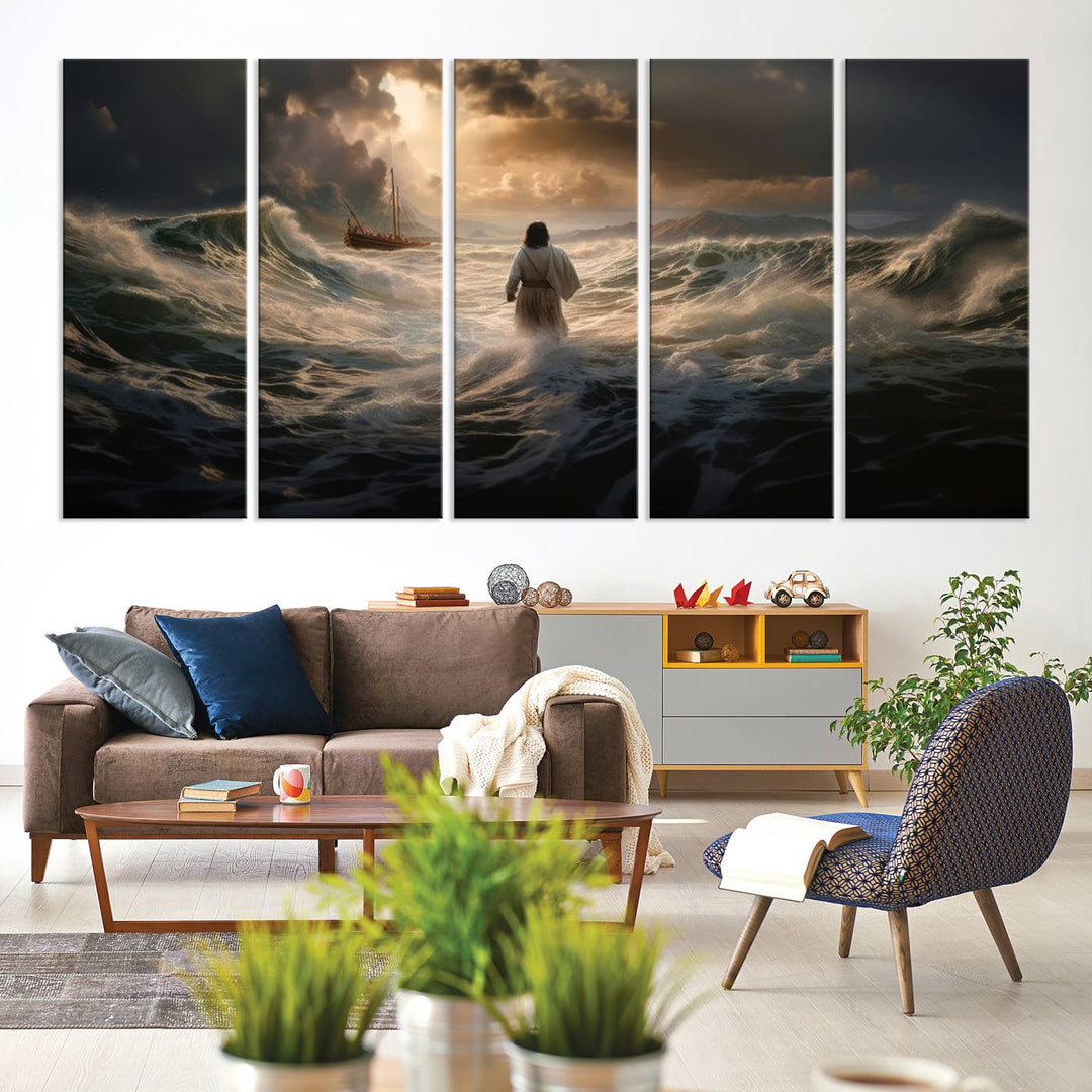 Jesus Walk in Sea Wall Art Canvas Print, Christian Wall Art Print,