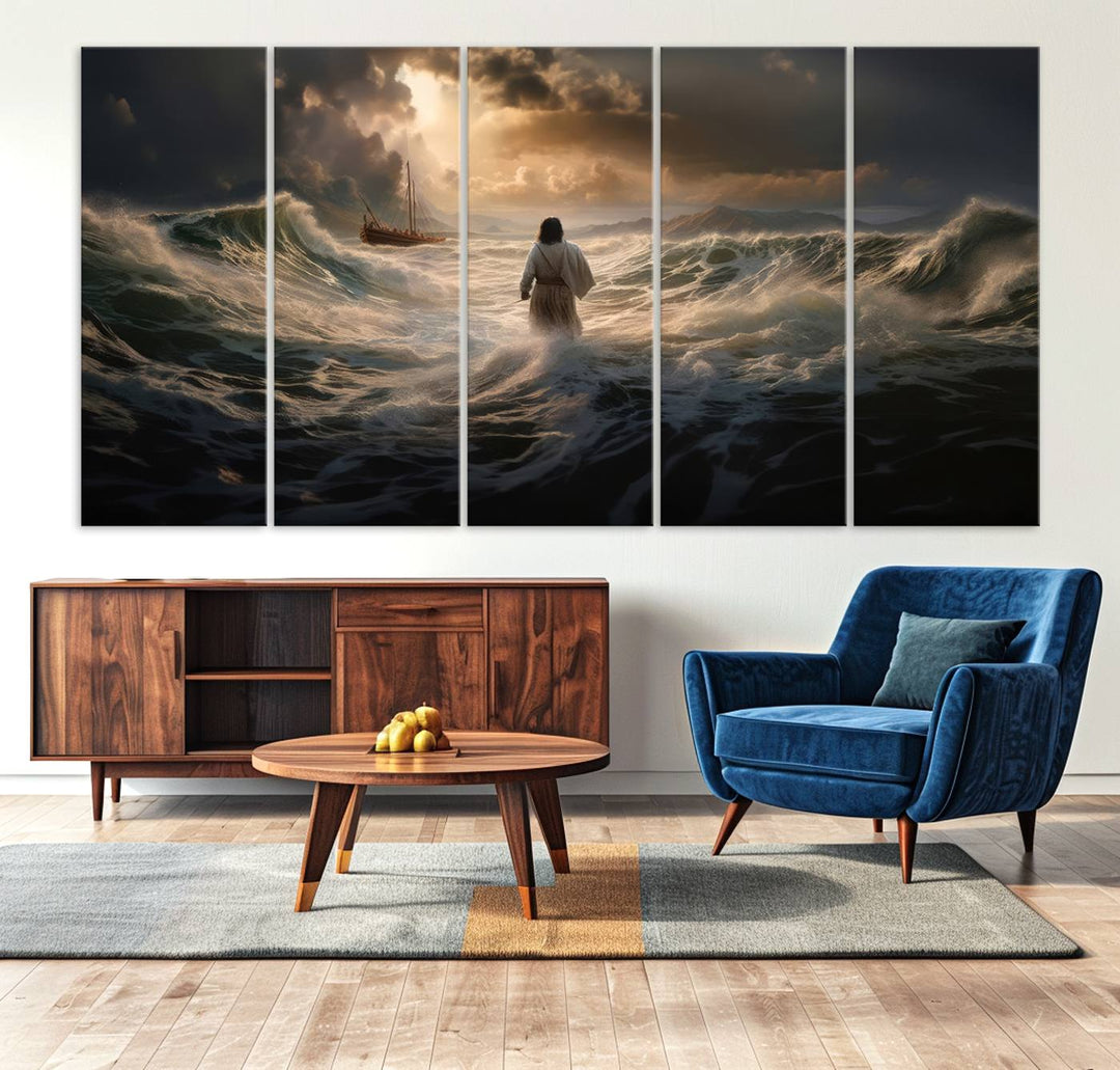 Jesus Walk in Sea Wall Art Canvas Print, Christian Wall Art Print,