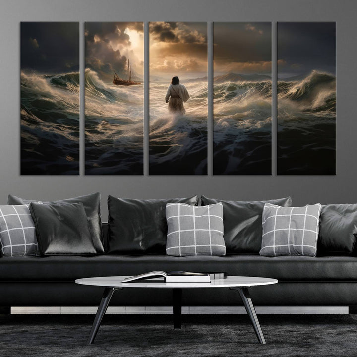 Jesus Walk in Sea Wall Art Canvas Print, Christian Wall Art Print,