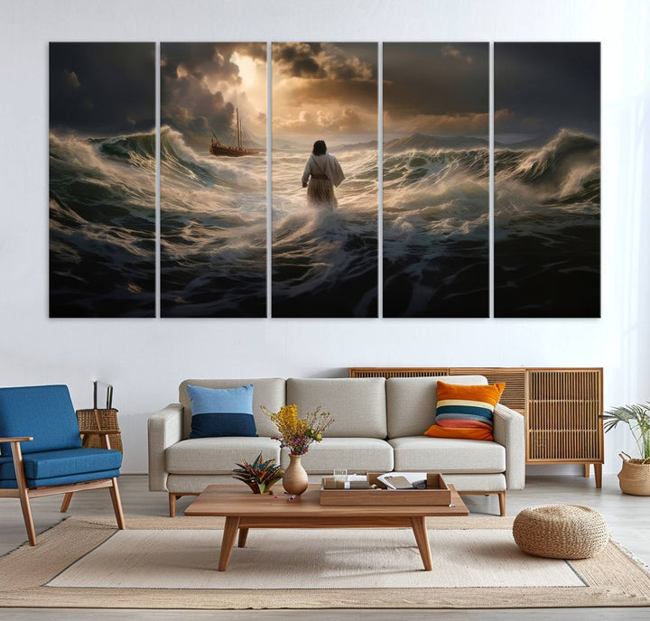 Jesus Walk in Sea Wall Art Canvas Print, Christian Wall Art Print,