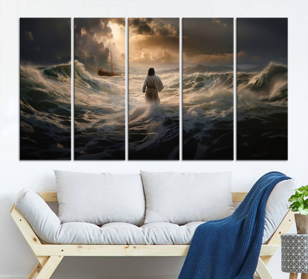 Jesus Walk in Sea Wall Art Canvas Print, Christian Wall Art Print,