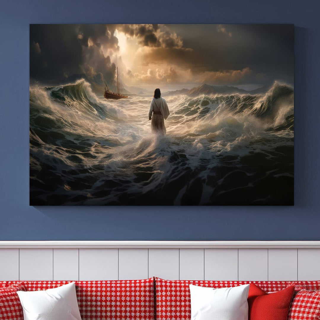 Jesus Walk in Sea Wall Art Canvas Print, Christian Wall Art Print,