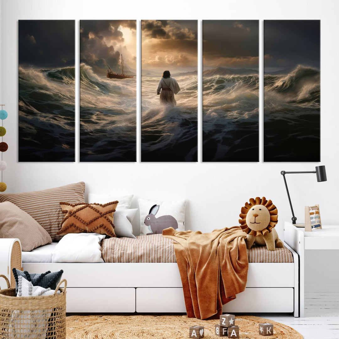 Jesus Walk in Sea Wall Art Canvas Print, Christian Wall Art Print,