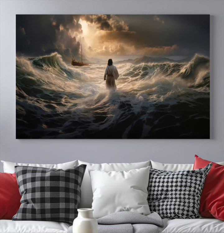 Jesus Walk in Sea Wall Art Canvas Print, Christian Wall Art Print,