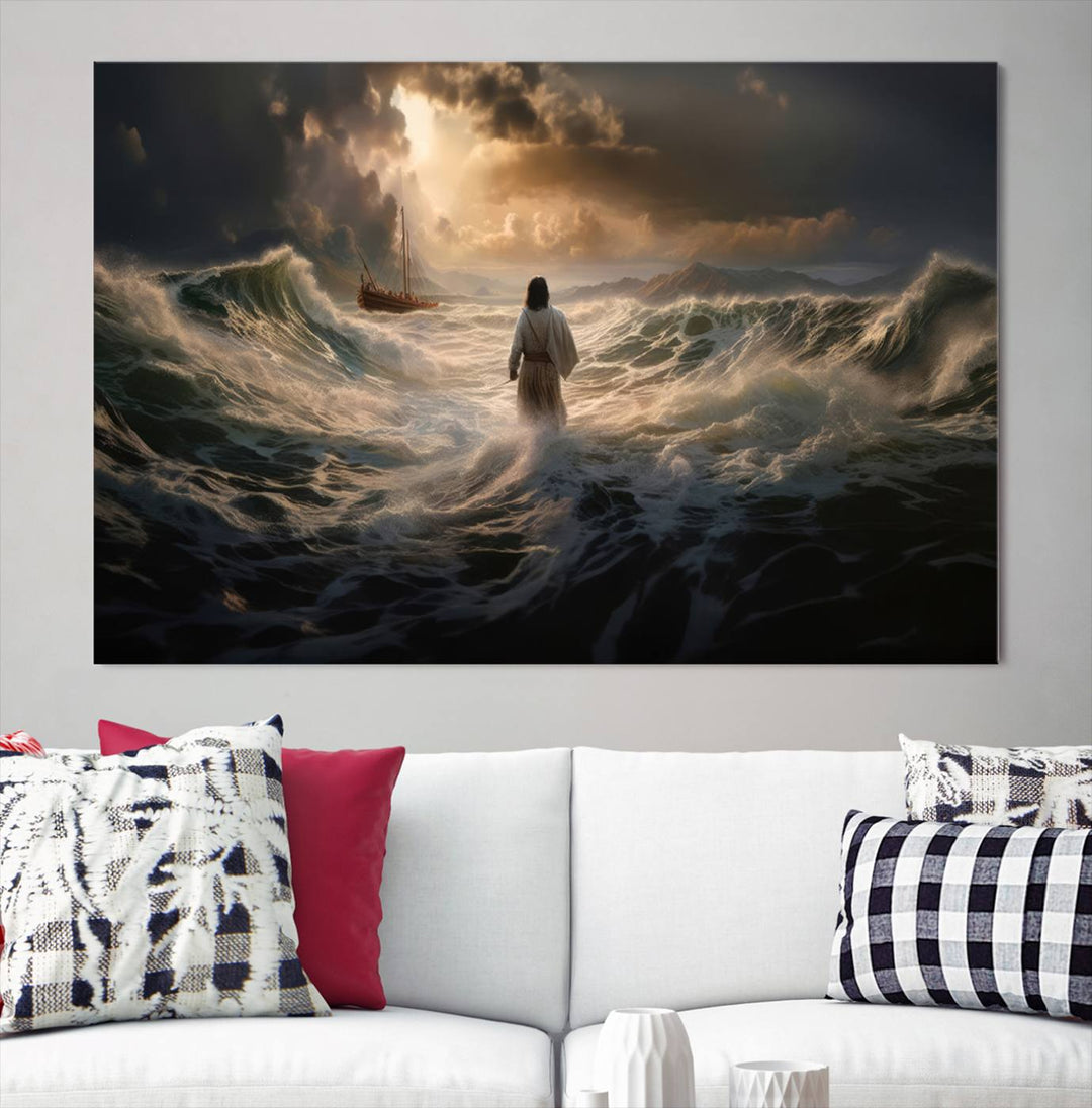 Jesus Walk in Sea Wall Art Canvas Print, Christian Wall Art Print,