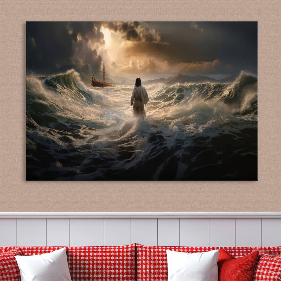 Jesus Walk in Sea Wall Art Canvas Print, Christian Wall Art Print,