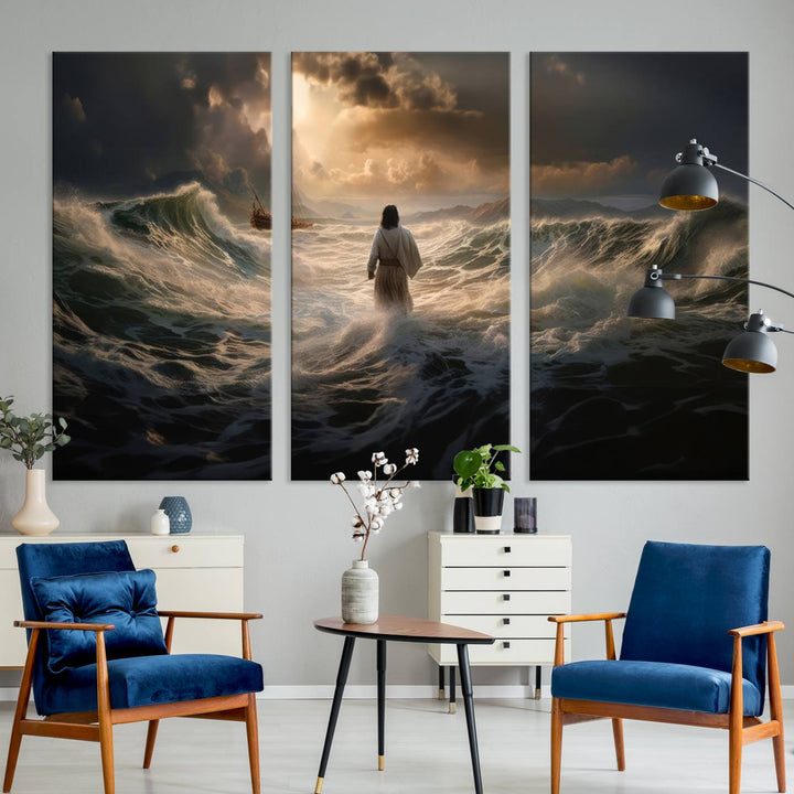 Jesus Walk in Sea Wall Art Canvas Print, Christian Wall Art Print,