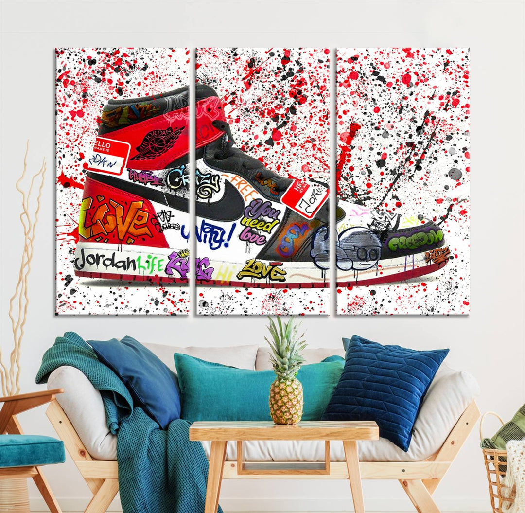 Jordan Shoe Graffiti Art Canvas Print, Street Art Inspired Jordan Sneaker Graffiti Design for Living Room or Office, Urban Canvas Print, Ready to Hang