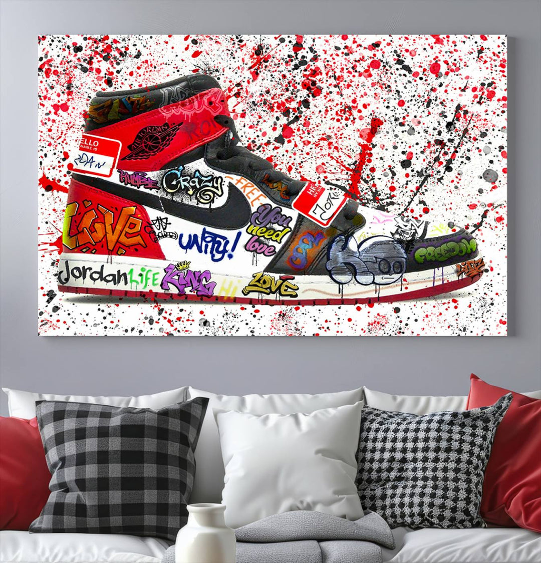 Jordan Shoe Graffiti Art Canvas Print, Street Art Inspired Jordan Sneaker Graffiti Design for Living Room or Office, Urban Canvas Print, Ready to Hang