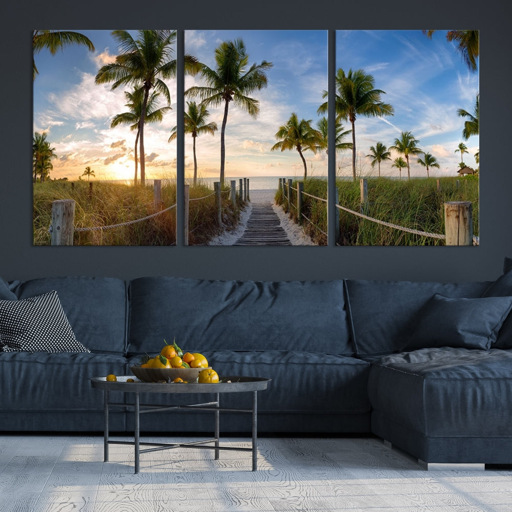 Beach and Palm Tree Wall Art, Beach Landscape Canvas, Sunset Print, Nature Ocean Canvas Art